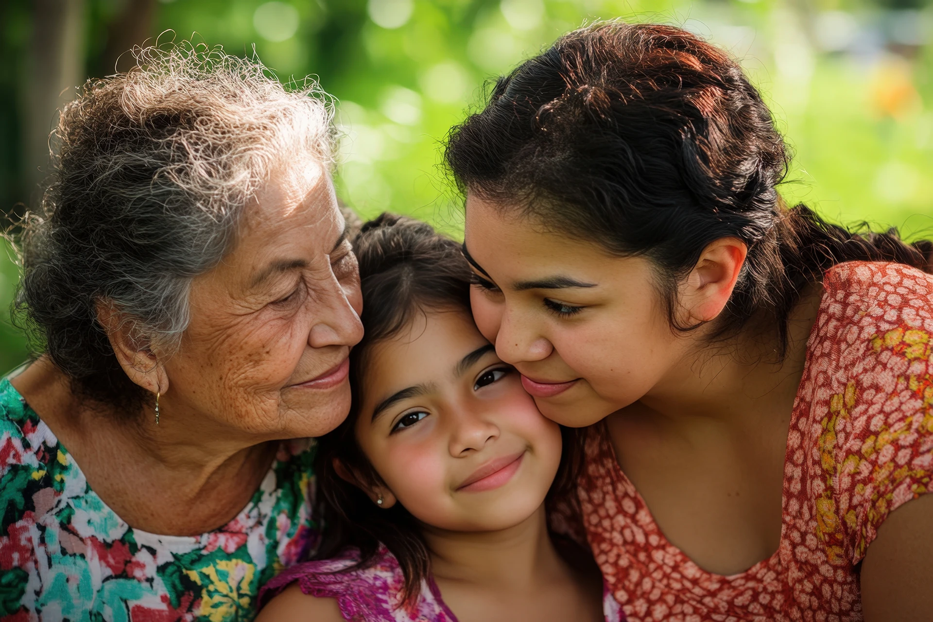 Abuela, hija y nieta abrazadas cuidandose entre si